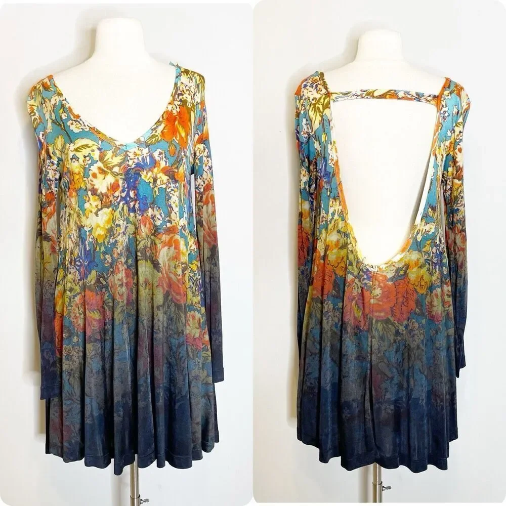 Free People XS Annette‎ Floral Tunic Mini Dress Boho Ombre Flowy Rayon Stretch